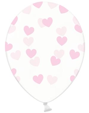 6 globos de látex transparentes con corazones rosa claro (30 cm) - Valentine Collection