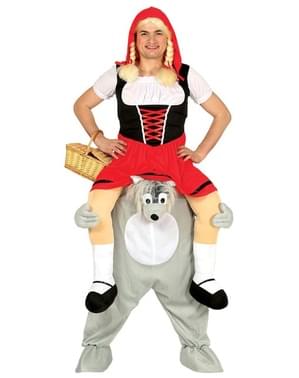 Fato às costas de Capuchinho Vermelho e lobo feroz