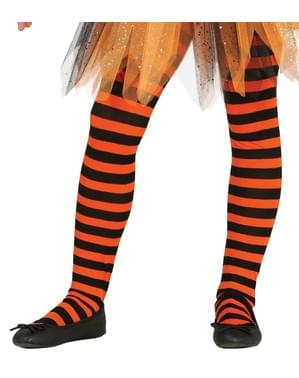 Collants de bruxa de riscas pretas e laranja para menina